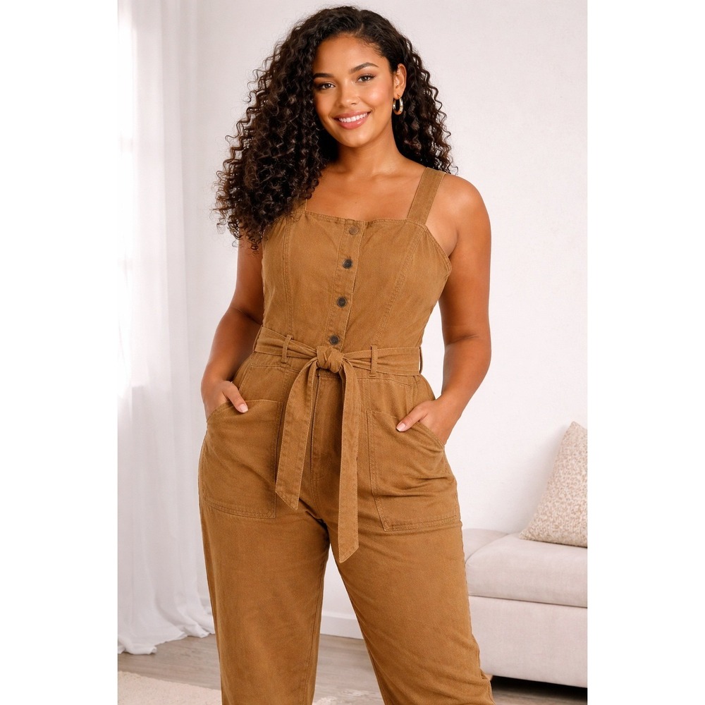 Universal Thread Womens Brown Denim Button Front Tie Waist Jumpsuit Size 12‎ NEW